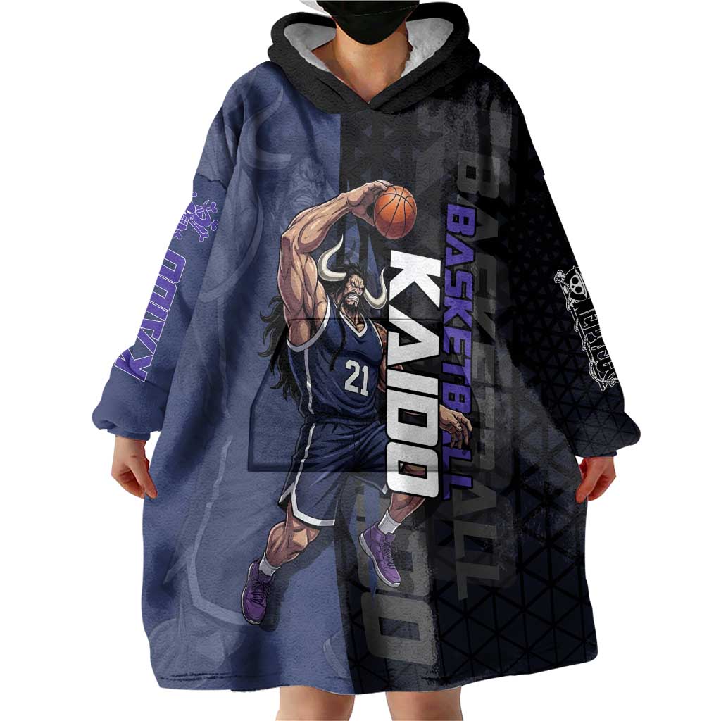 Kaido One Piece Basketball Theme Navy and Black Design Wearable Blanket Hoodie with Dragon Skull Emblem and Power Dunk Pose - The Mazicc