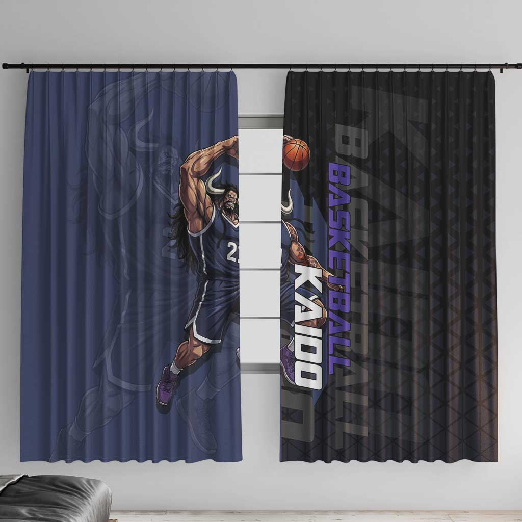 Kaido One Piece Basketball Theme Navy and Black Design Window Curtain with Dragon Skull Emblem and Power Dunk Pose - The Mazicc