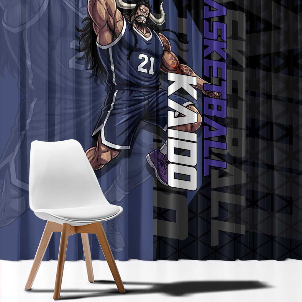 Kaido One Piece Basketball Theme Navy and Black Design Window Curtain with Dragon Skull Emblem and Power Dunk Pose - The Mazicc