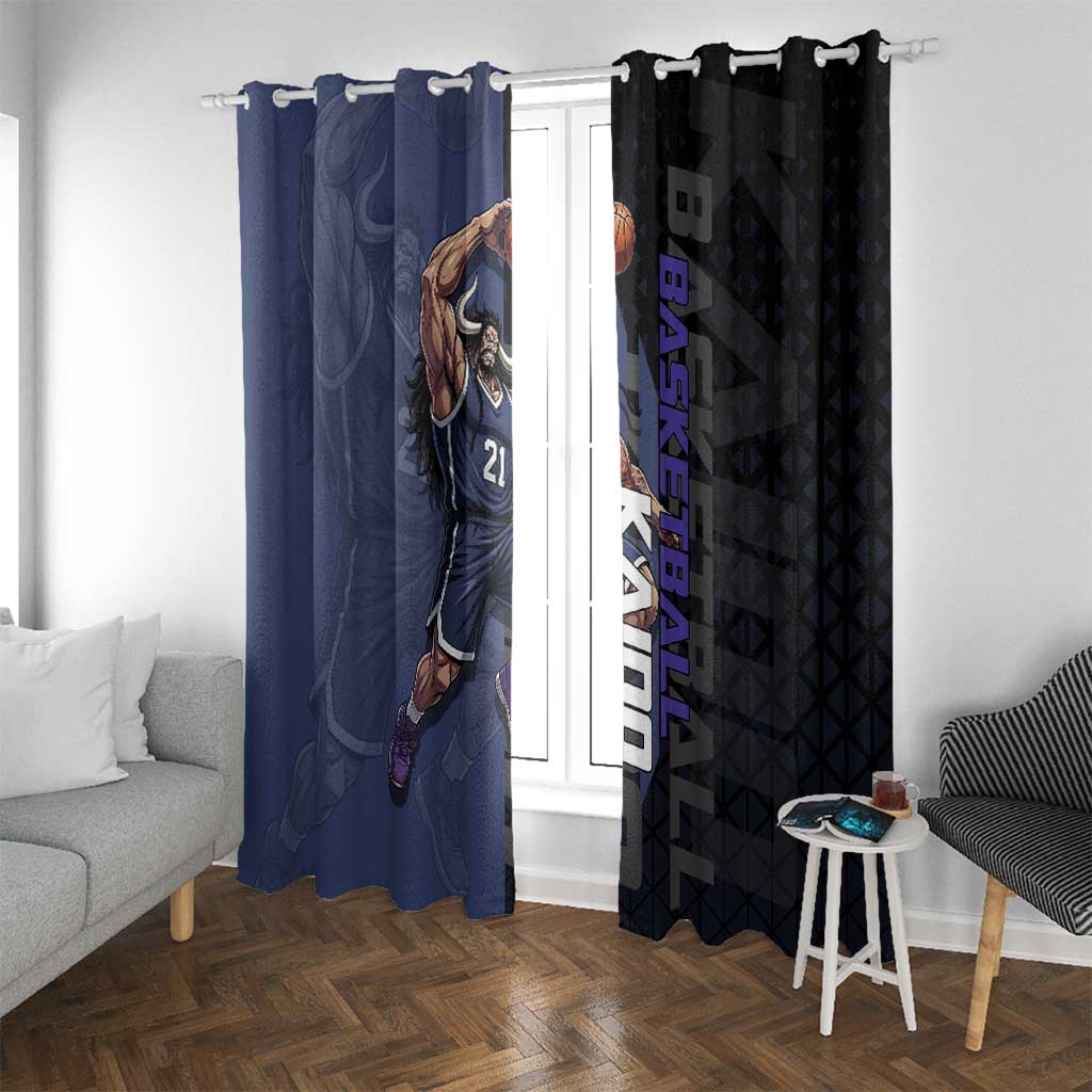 Kaido One Piece Basketball Theme Navy and Black Design Window Curtain with Dragon Skull Emblem and Power Dunk Pose - The Mazicc