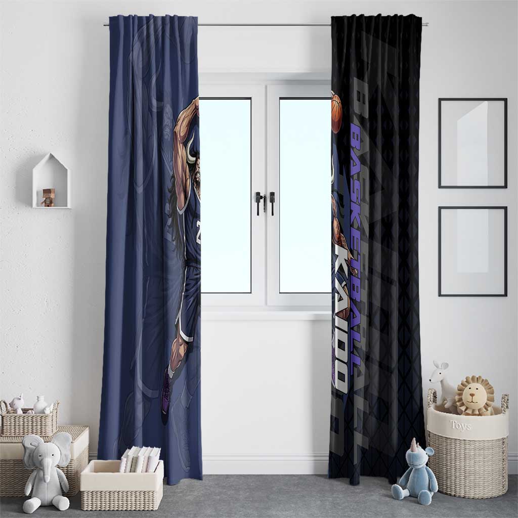 Kaido One Piece Basketball Theme Navy and Black Design Window Curtain with Dragon Skull Emblem and Power Dunk Pose - The Mazicc