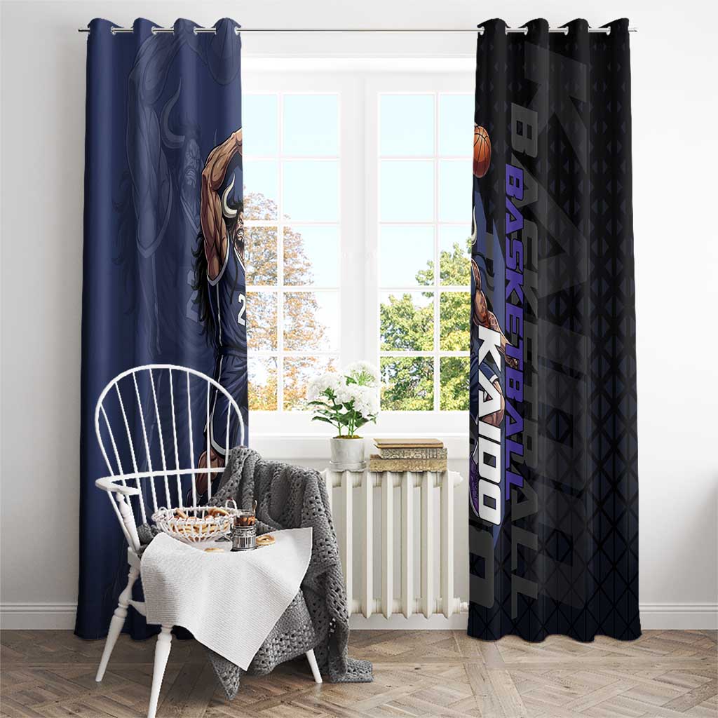 Kaido One Piece Basketball Theme Navy and Black Design Window Curtain with Dragon Skull Emblem and Power Dunk Pose - The Mazicc