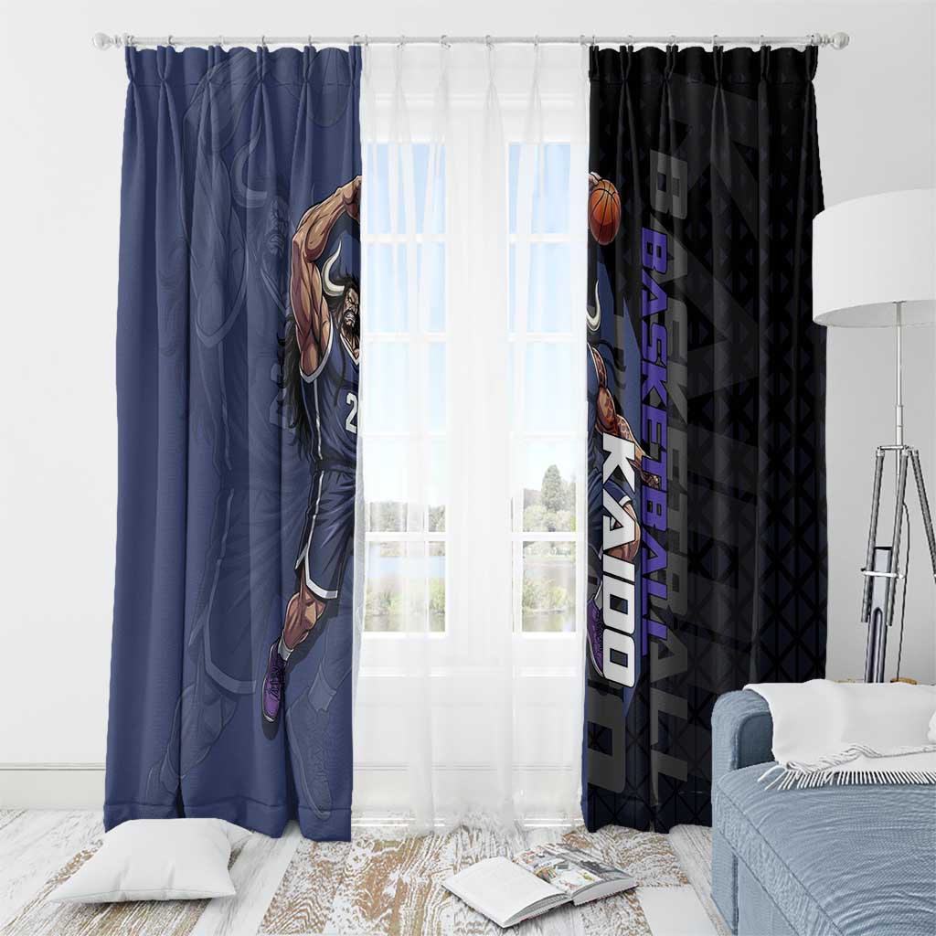 Kaido One Piece Basketball Theme Navy and Black Design Window Curtain with Dragon Skull Emblem and Power Dunk Pose - The Mazicc