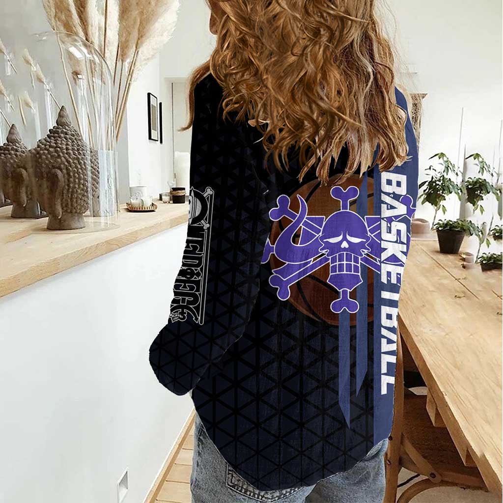 Kaido One Piece Basketball Theme Navy and Black Design Women Casual Shirt with Dragon Skull Emblem and Power Dunk Pose - The Mazicc