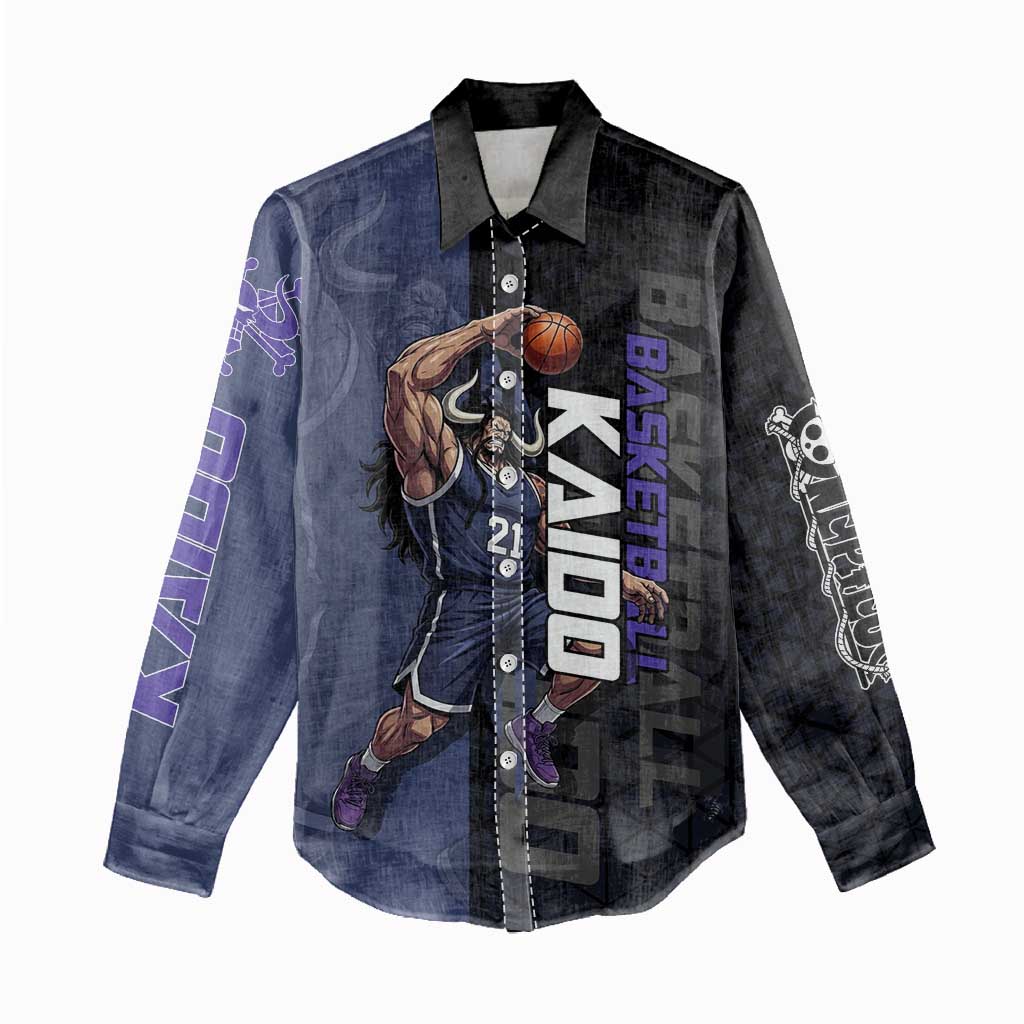 Kaido One Piece Basketball Theme Navy and Black Design Women Casual Shirt with Dragon Skull Emblem and Power Dunk Pose - The Mazicc