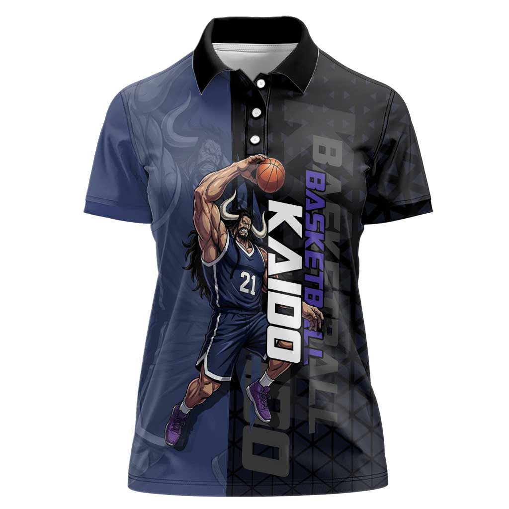 Kaido One Piece Basketball Theme Navy and Black Design Women Polo Shirt with Dragon Skull Emblem and Power Dunk Pose - The Mazicc