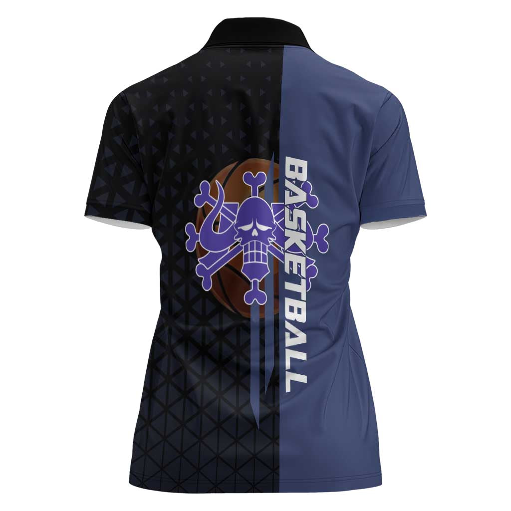 Kaido One Piece Basketball Theme Navy and Black Design Women Polo Shirt with Dragon Skull Emblem and Power Dunk Pose - The Mazicc