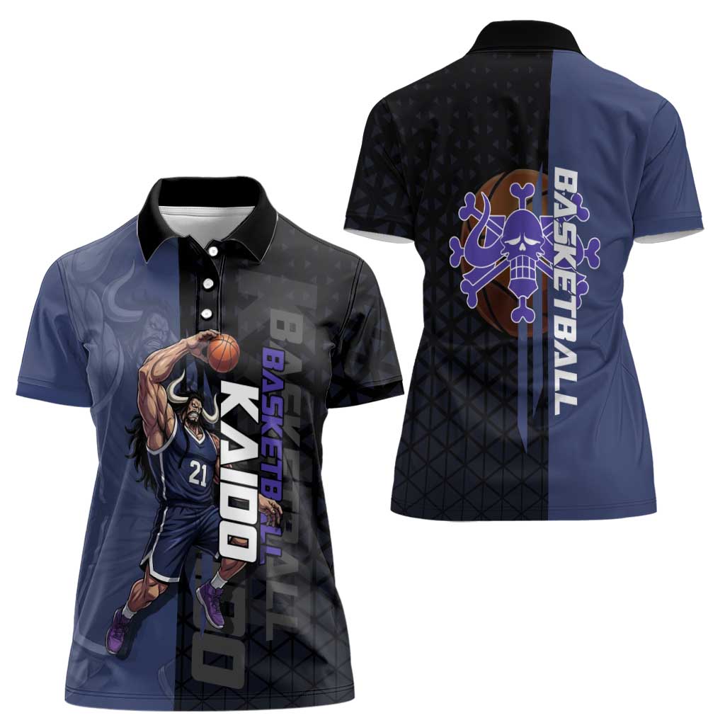 Kaido One Piece Basketball Theme Navy and Black Design Women Polo Shirt with Dragon Skull Emblem and Power Dunk Pose - The Mazicc