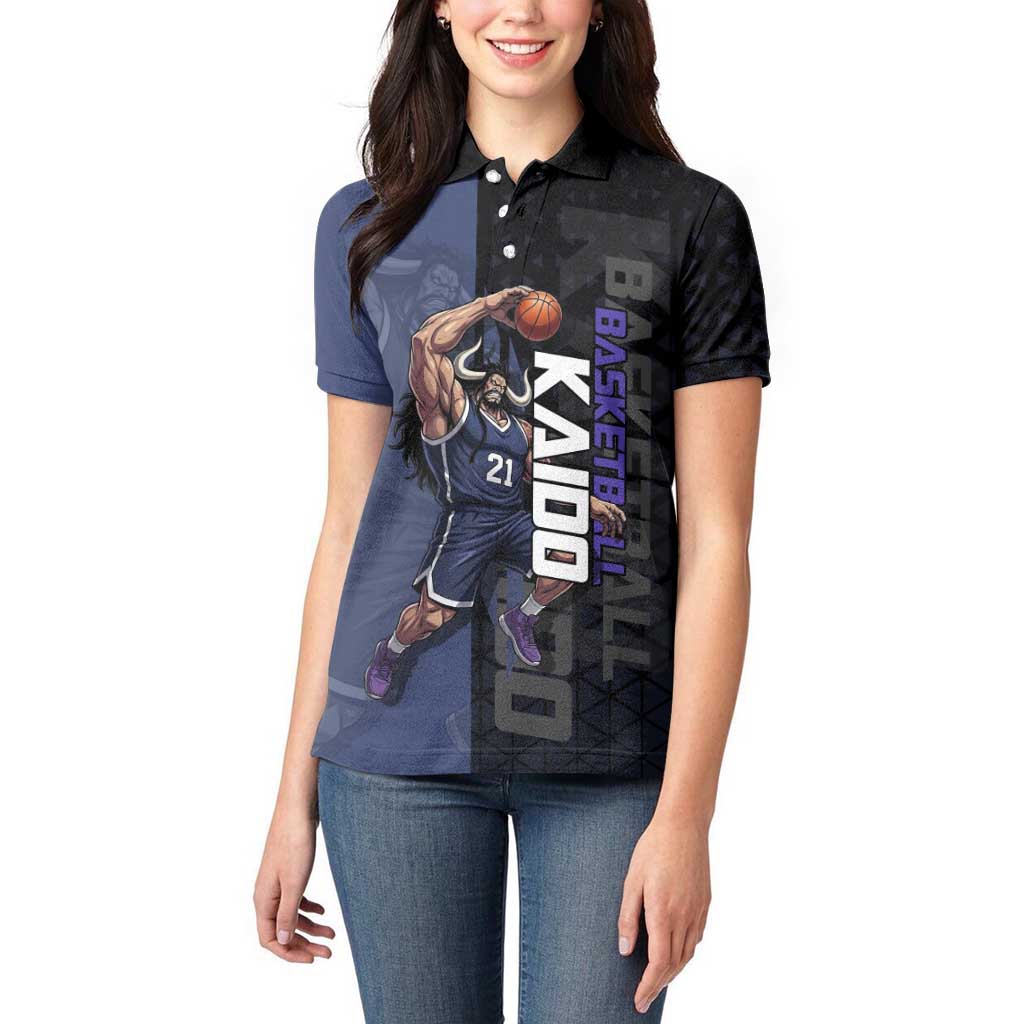Kaido One Piece Basketball Theme Navy and Black Design Women Polo Shirt with Dragon Skull Emblem and Power Dunk Pose - The Mazicc