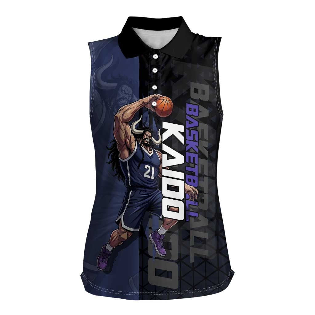 Kaido One Piece Basketball Theme Navy and Black Design Women Sleeveless Polo Shirt with Dragon Skull Emblem and Power Dunk Pose - The Mazicc