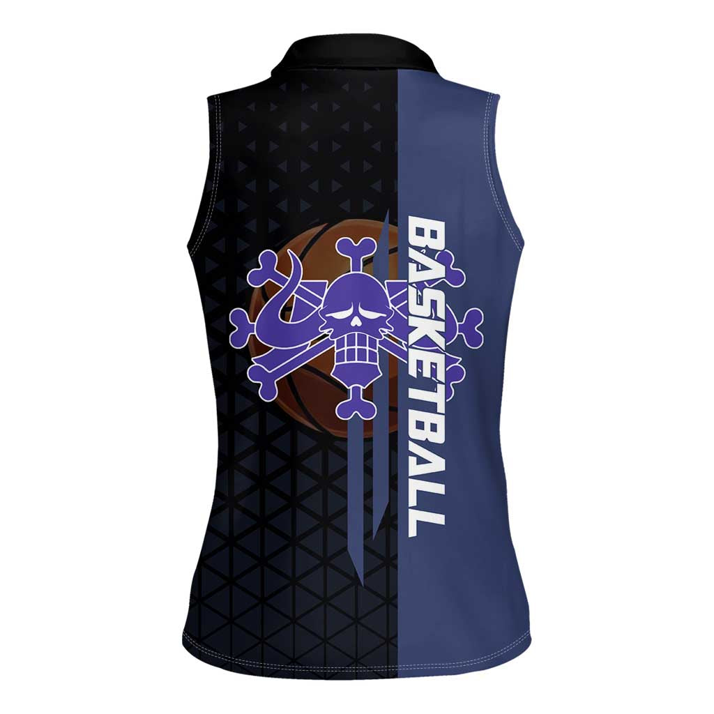 Kaido One Piece Basketball Theme Navy and Black Design Women Sleeveless Polo Shirt with Dragon Skull Emblem and Power Dunk Pose - The Mazicc