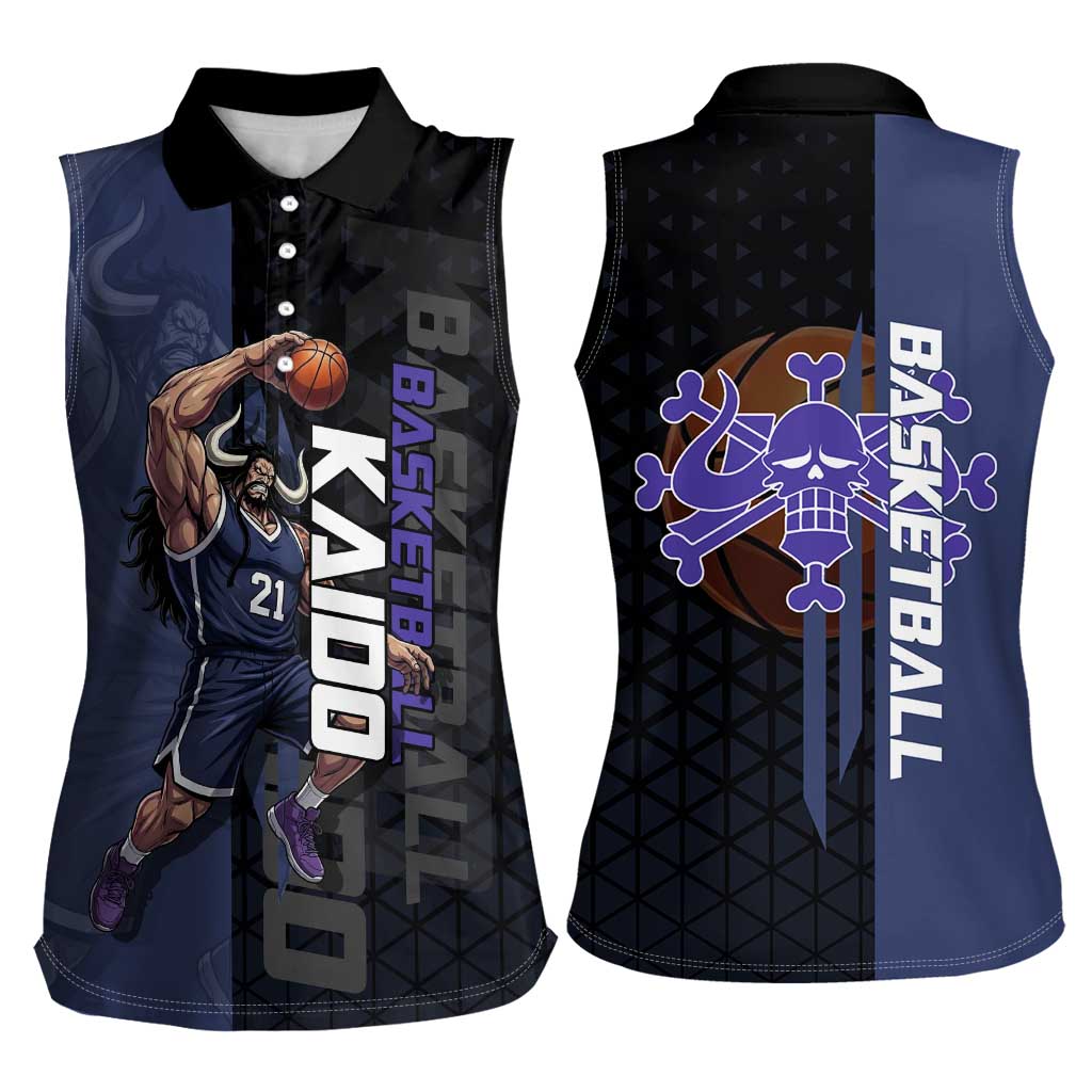 Kaido One Piece Basketball Theme Navy and Black Design Women Sleeveless Polo Shirt with Dragon Skull Emblem and Power Dunk Pose - The Mazicc