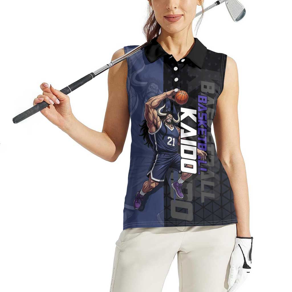 Kaido One Piece Basketball Theme Navy and Black Design Women Sleeveless Polo Shirt with Dragon Skull Emblem and Power Dunk Pose - The Mazicc
