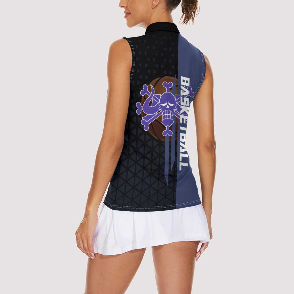 Kaido One Piece Basketball Theme Navy and Black Design Women Sleeveless Polo Shirt with Dragon Skull Emblem and Power Dunk Pose - The Mazicc