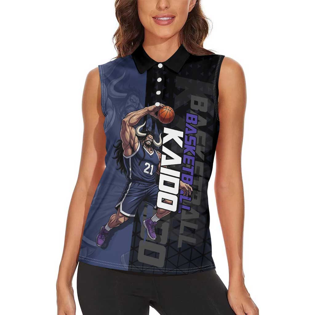 Kaido One Piece Basketball Theme Navy and Black Design Women Sleeveless Polo Shirt with Dragon Skull Emblem and Power Dunk Pose - The Mazicc