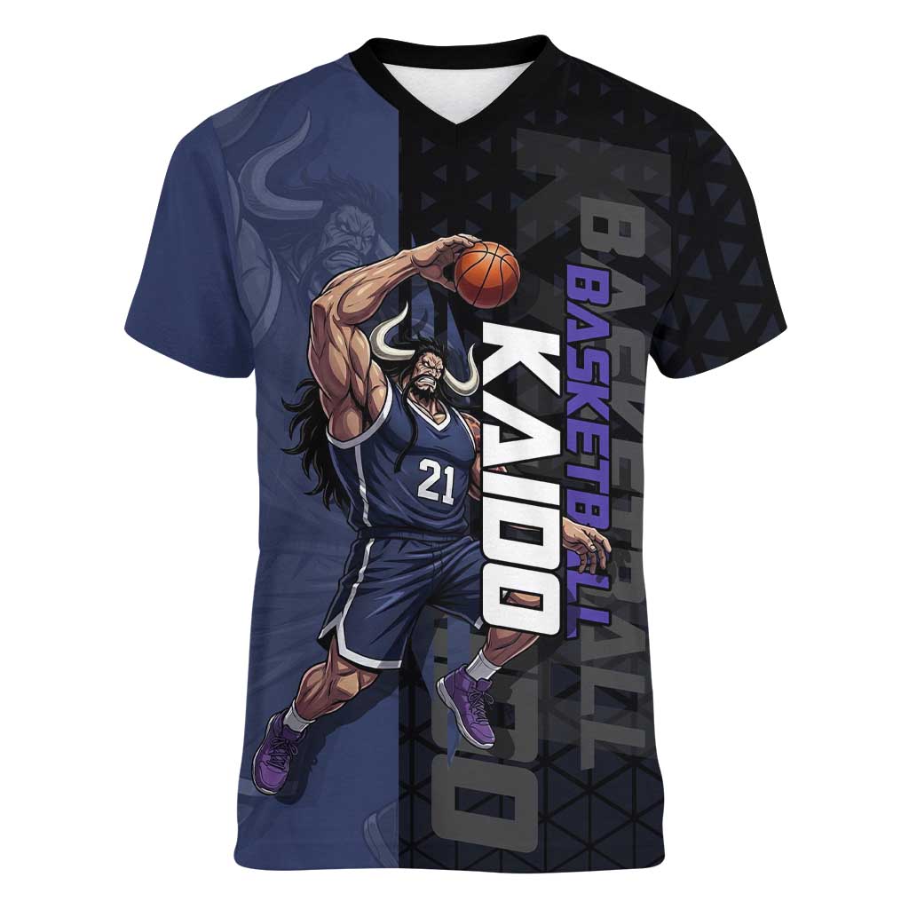 Kaido One Piece Basketball Theme Navy and Black Design Women V-Neck T-Shirt with Dragon Skull Emblem and Power Dunk Pose - The Mazicc