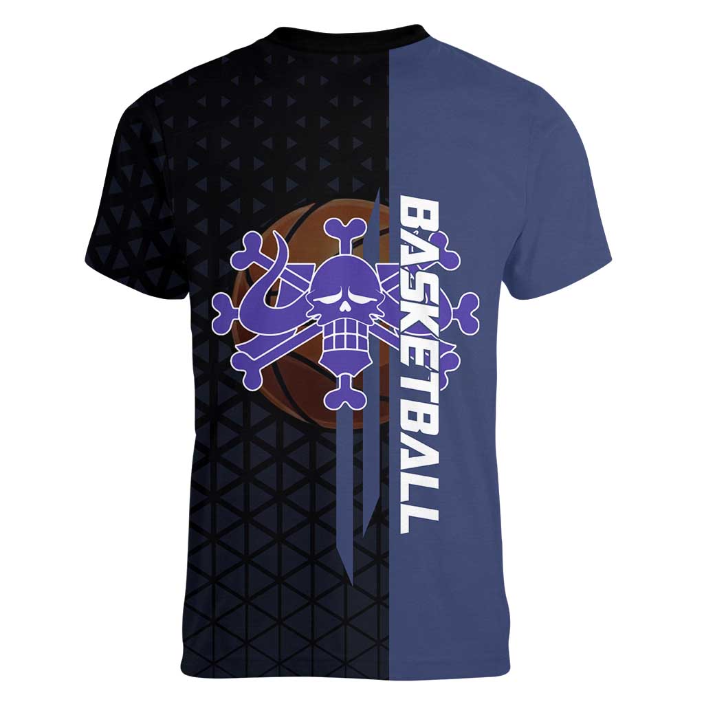 Kaido One Piece Basketball Theme Navy and Black Design Women V-Neck T-Shirt with Dragon Skull Emblem and Power Dunk Pose - The Mazicc