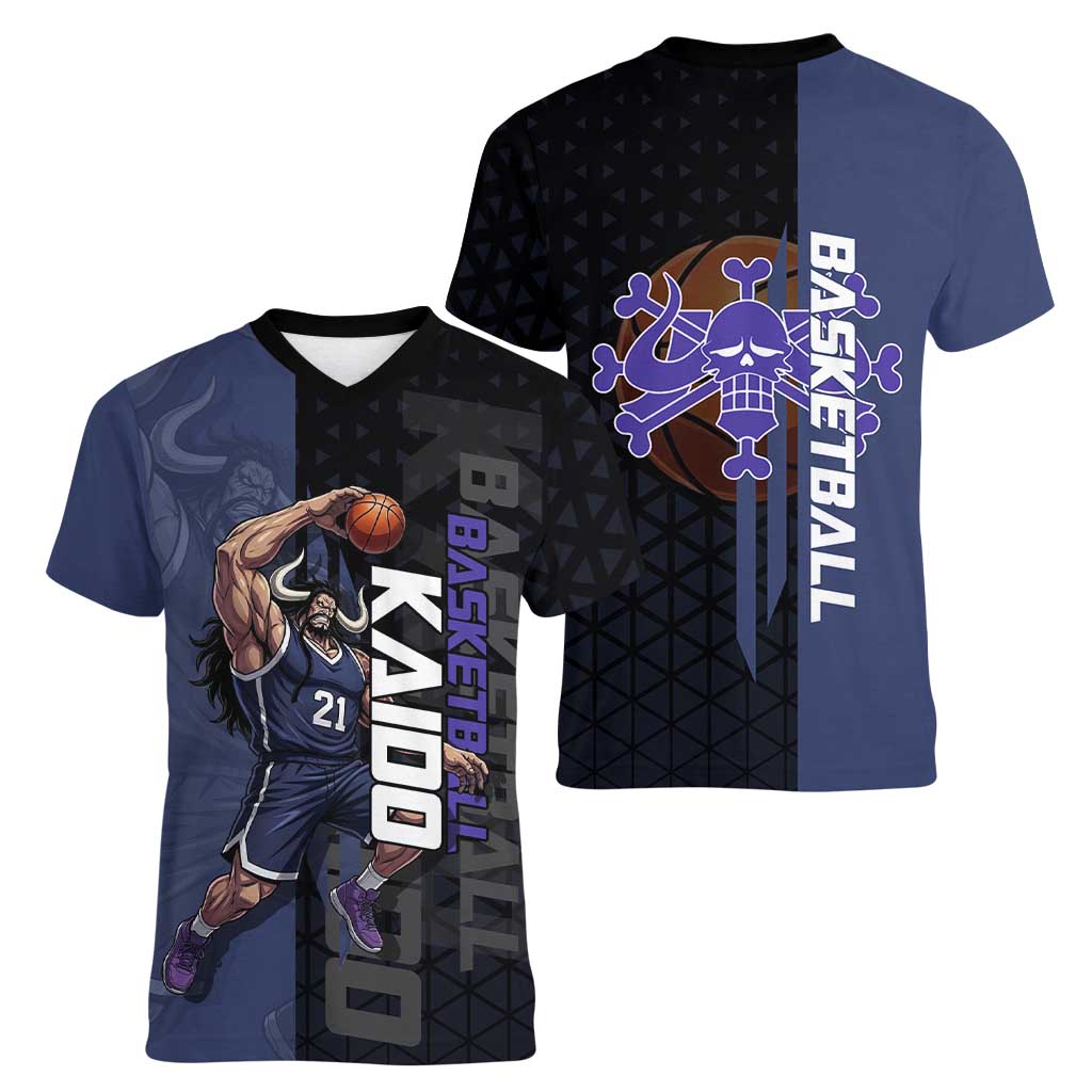 Kaido One Piece Basketball Theme Navy and Black Design Women V-Neck T-Shirt with Dragon Skull Emblem and Power Dunk Pose - The Mazicc