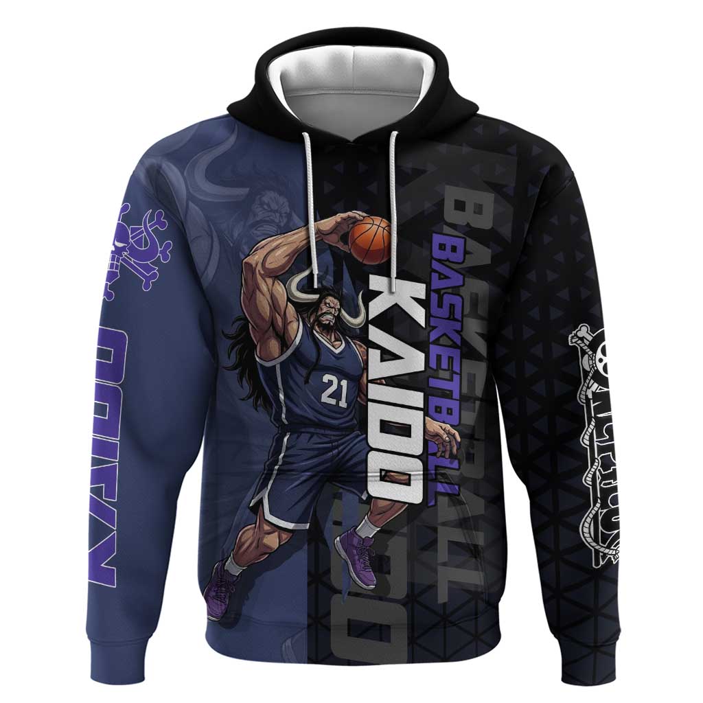 Kaido One Piece Basketball Theme Navy and Black Design Zip Hoodie with Dragon Skull Emblem and Power Dunk Pose - The Mazicc