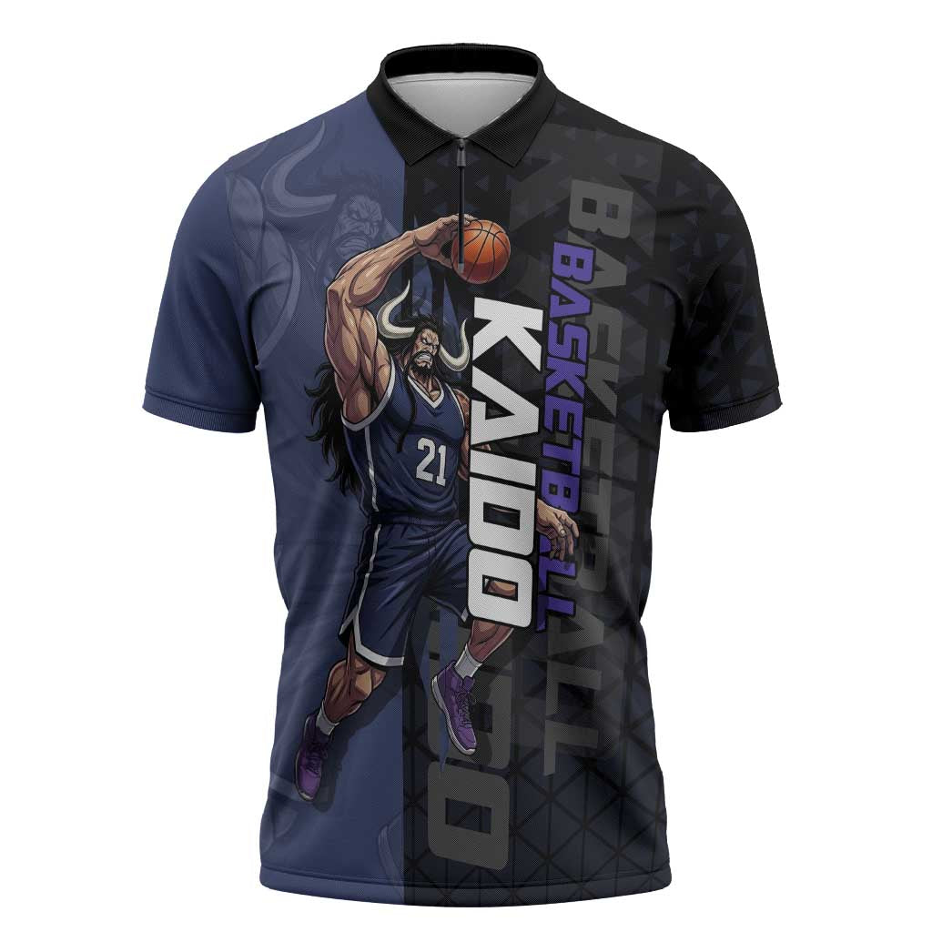 Kaido One Piece Basketball Theme Navy and Black Design Zipper Polo Shirt with Dragon Skull Emblem and Power Dunk Pose - The Mazicc