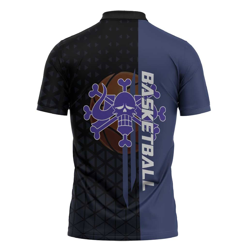 Kaido One Piece Basketball Theme Navy and Black Design Zipper Polo Shirt with Dragon Skull Emblem and Power Dunk Pose - The Mazicc