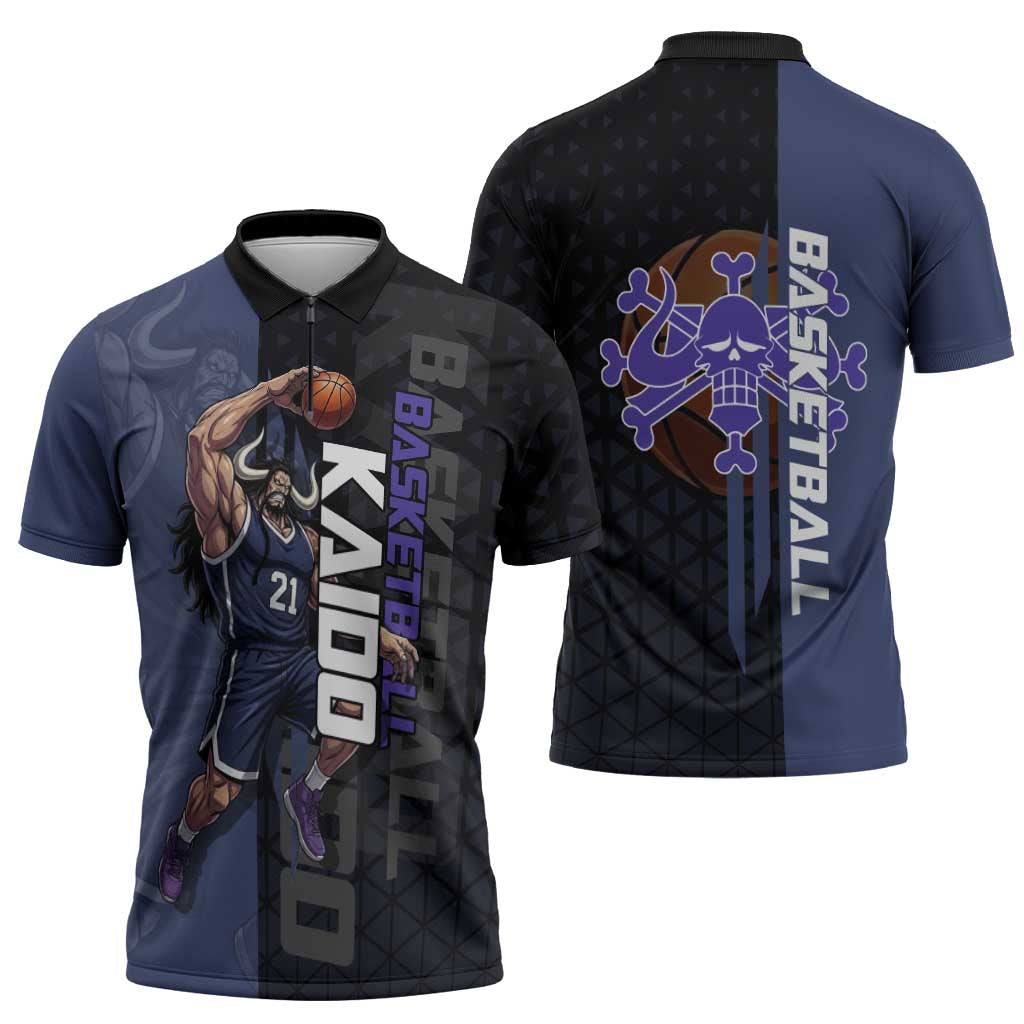 Kaido One Piece Basketball Theme Navy and Black Design Zipper Polo Shirt with Dragon Skull Emblem and Power Dunk Pose - The Mazicc