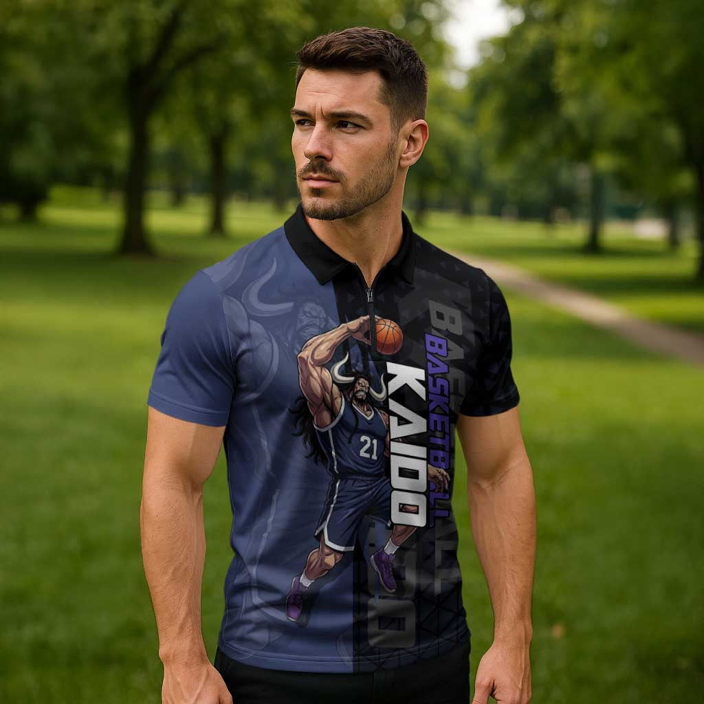 Kaido One Piece Basketball Theme Navy and Black Design Zipper Polo Shirt with Dragon Skull Emblem and Power Dunk Pose - The Mazicc