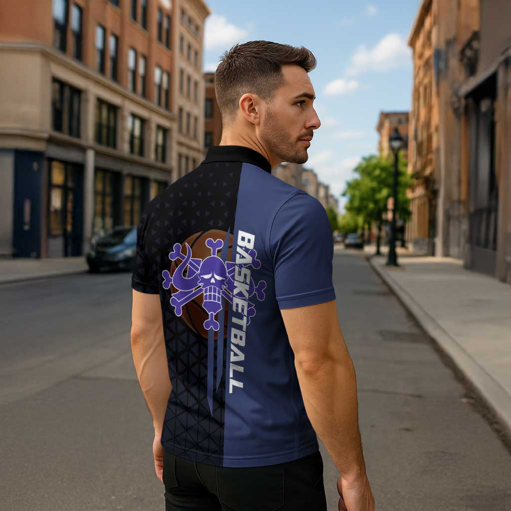 Kaido One Piece Basketball Theme Navy and Black Design Zipper Polo Shirt with Dragon Skull Emblem and Power Dunk Pose - The Mazicc