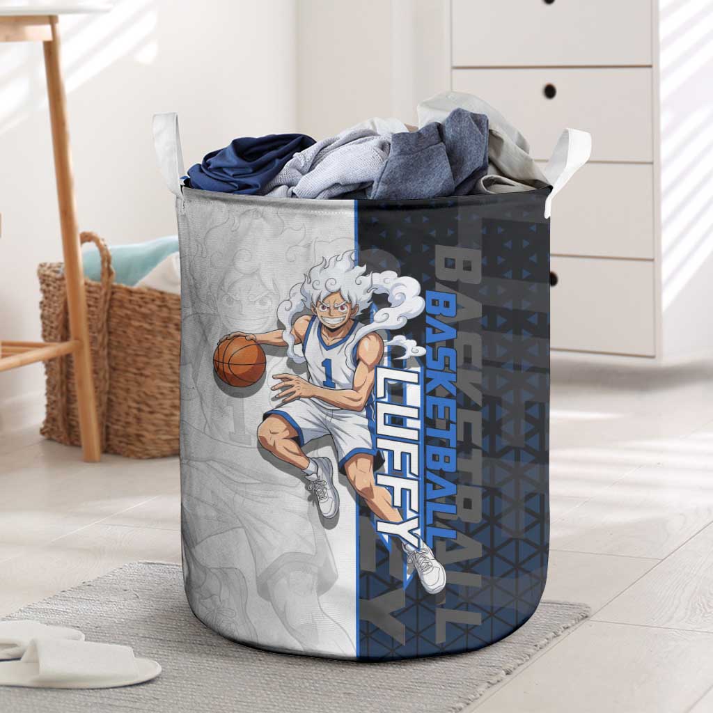 Luffy Gear 5 One Piece Basketball Theme White and Black Design Laundry Basket with Straw Hat Emblem and Dynamic Action Pose - The Mazicc