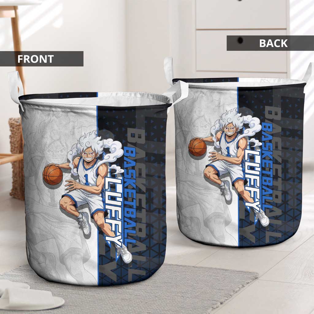 Luffy Gear 5 One Piece Basketball Theme White and Black Design Laundry Basket with Straw Hat Emblem and Dynamic Action Pose - The Mazicc