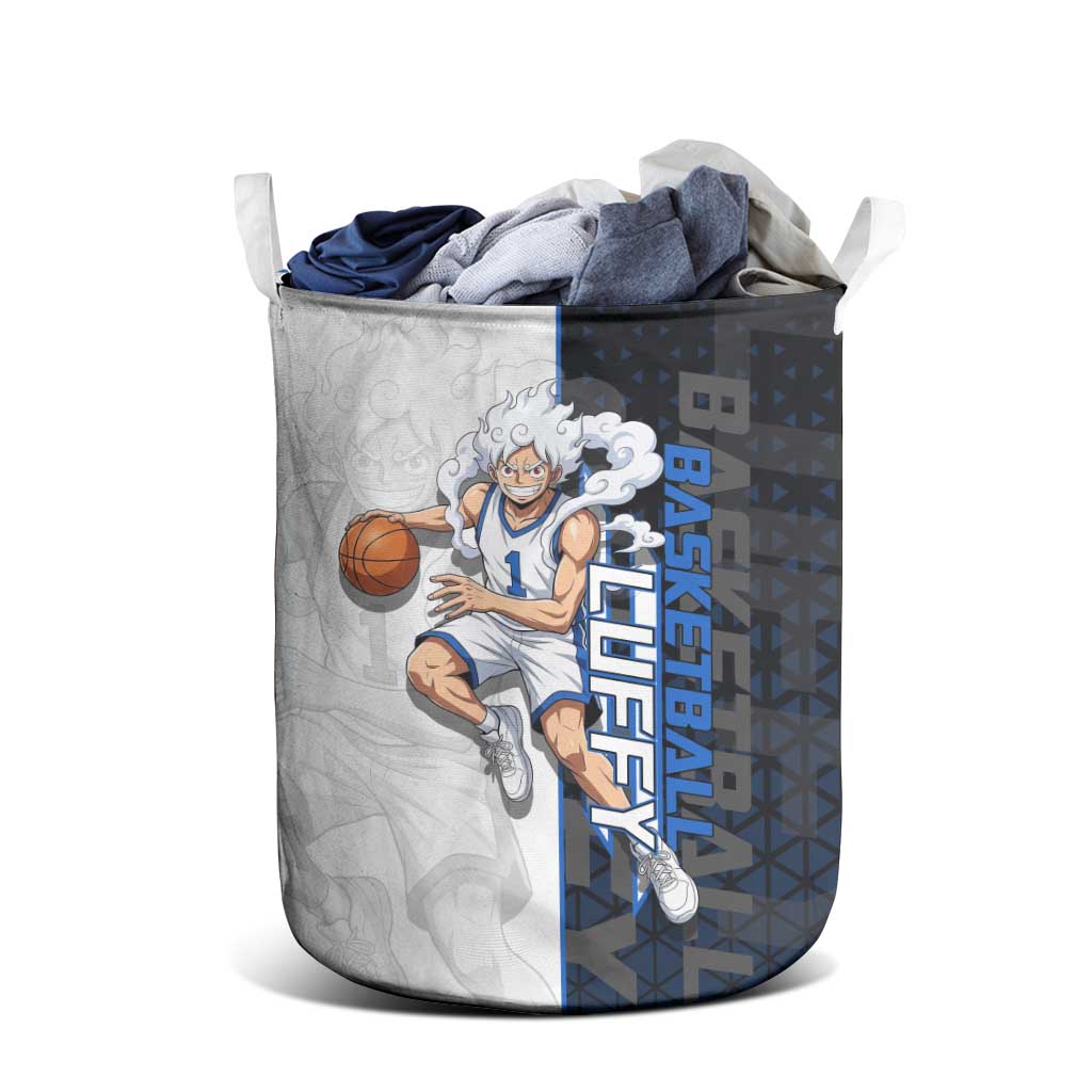 Luffy Gear 5 One Piece Basketball Theme White and Black Design Laundry Basket with Straw Hat Emblem and Dynamic Action Pose - The Mazicc