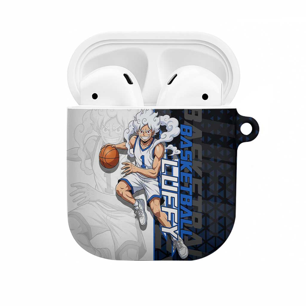 Luffy Gear 5 One Piece Basketball Theme White and Black Design AirPods Case with Straw Hat Emblem and Dynamic Action Pose - The Mazicc