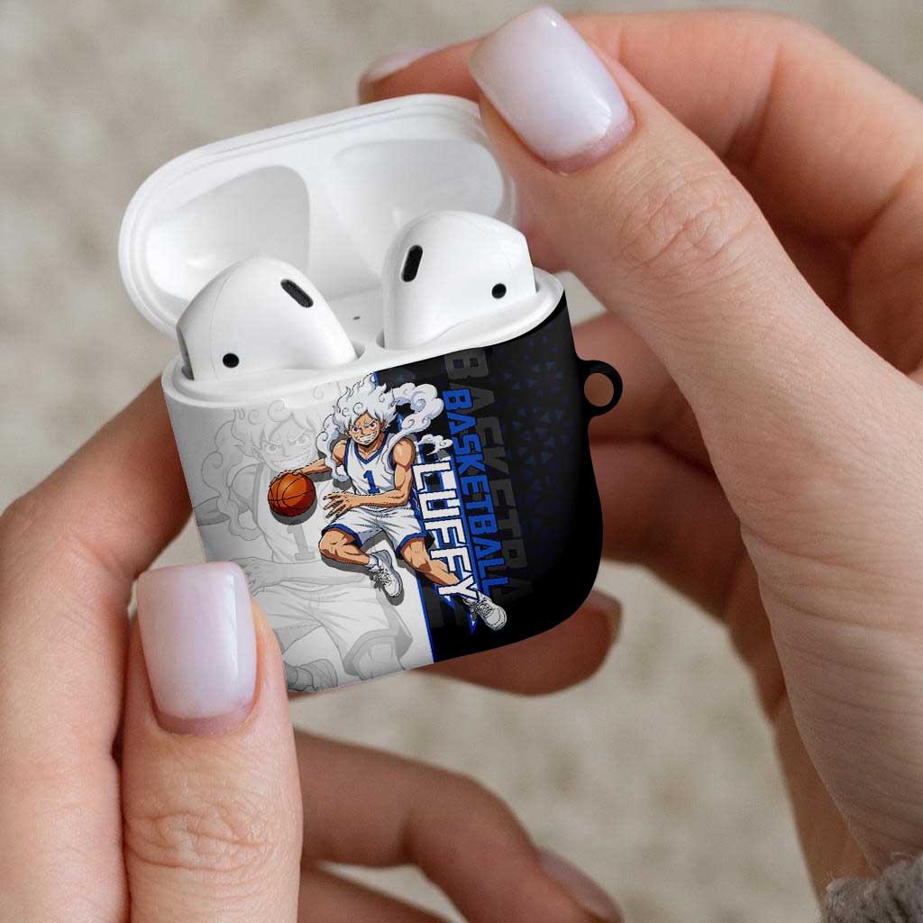 Luffy Gear 5 One Piece Basketball Theme White and Black Design AirPods Case with Straw Hat Emblem and Dynamic Action Pose - The Mazicc