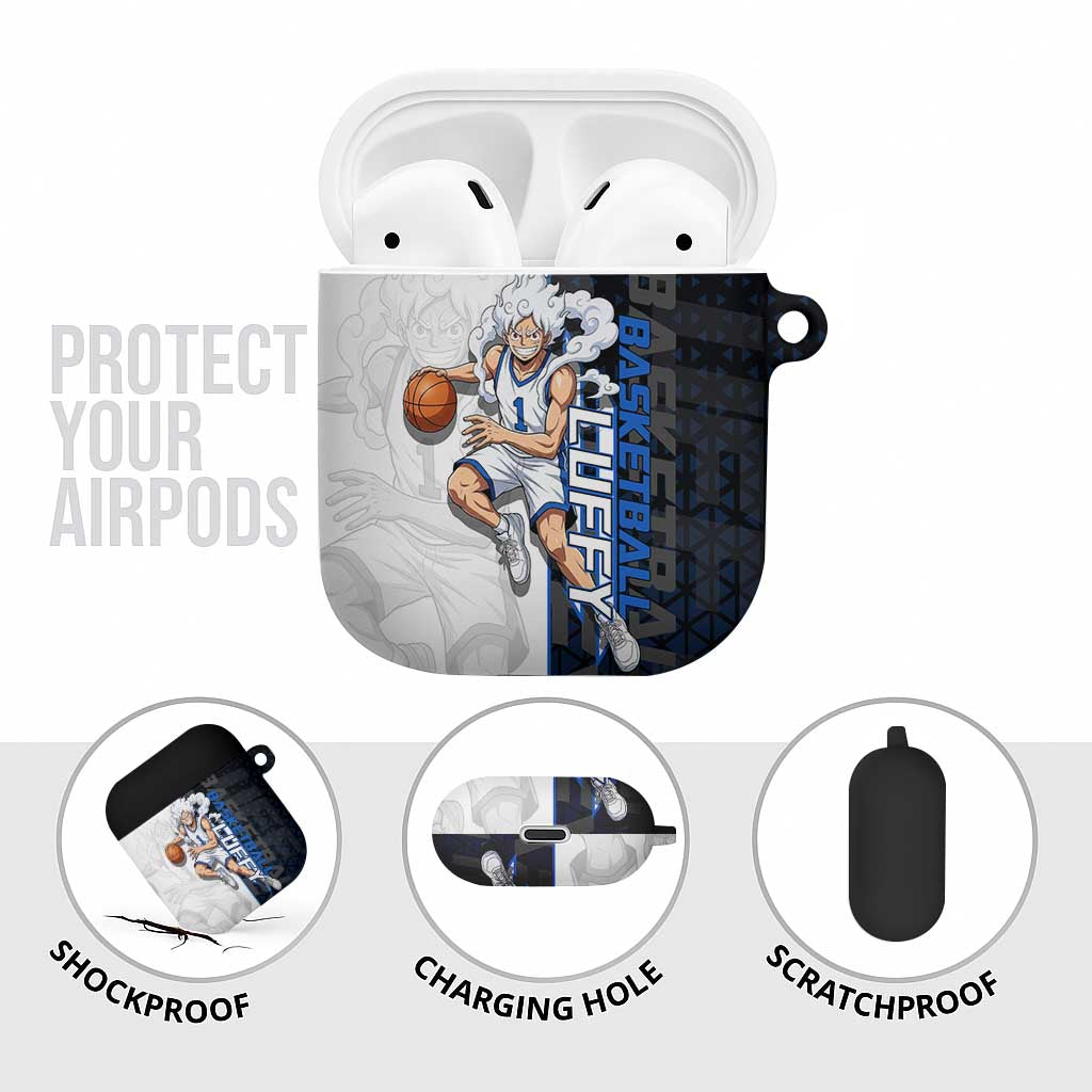 Luffy Gear 5 One Piece Basketball Theme White and Black Design AirPods Case with Straw Hat Emblem and Dynamic Action Pose - The Mazicc