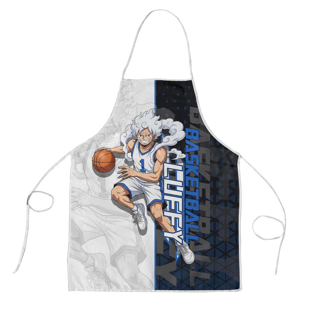 Luffy Gear 5 One Piece Basketball Theme White and Black Design Apron with Straw Hat Emblem and Dynamic Action Pose - The Mazicc