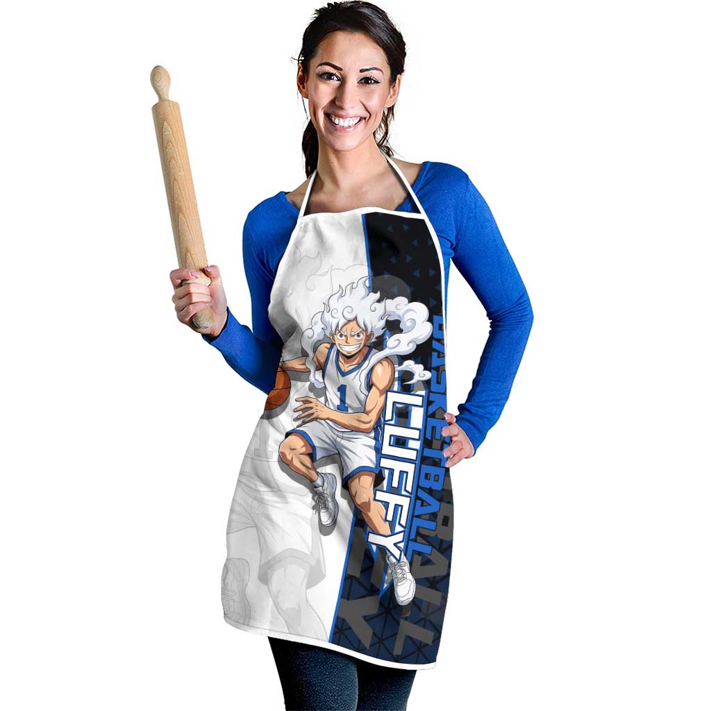 Luffy Gear 5 One Piece Basketball Theme White and Black Design Apron with Straw Hat Emblem and Dynamic Action Pose - The Mazicc