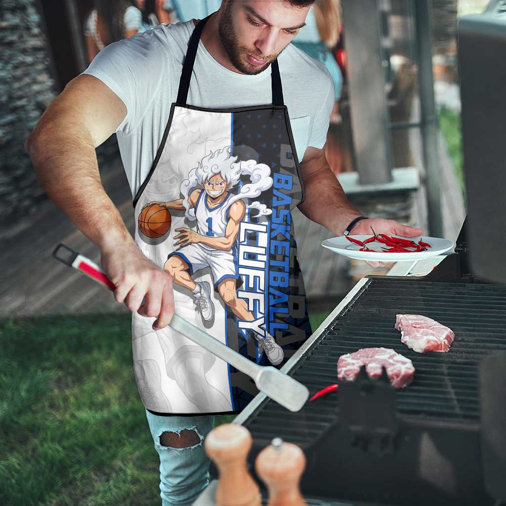 Luffy Gear 5 One Piece Basketball Theme White and Black Design Apron with Straw Hat Emblem and Dynamic Action Pose - The Mazicc