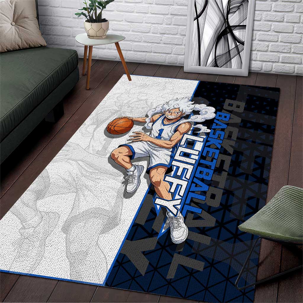 Luffy Gear 5 One Piece Basketball Theme White and Black Design Area Rug with Straw Hat Emblem and Dynamic Action Pose - The Mazicc