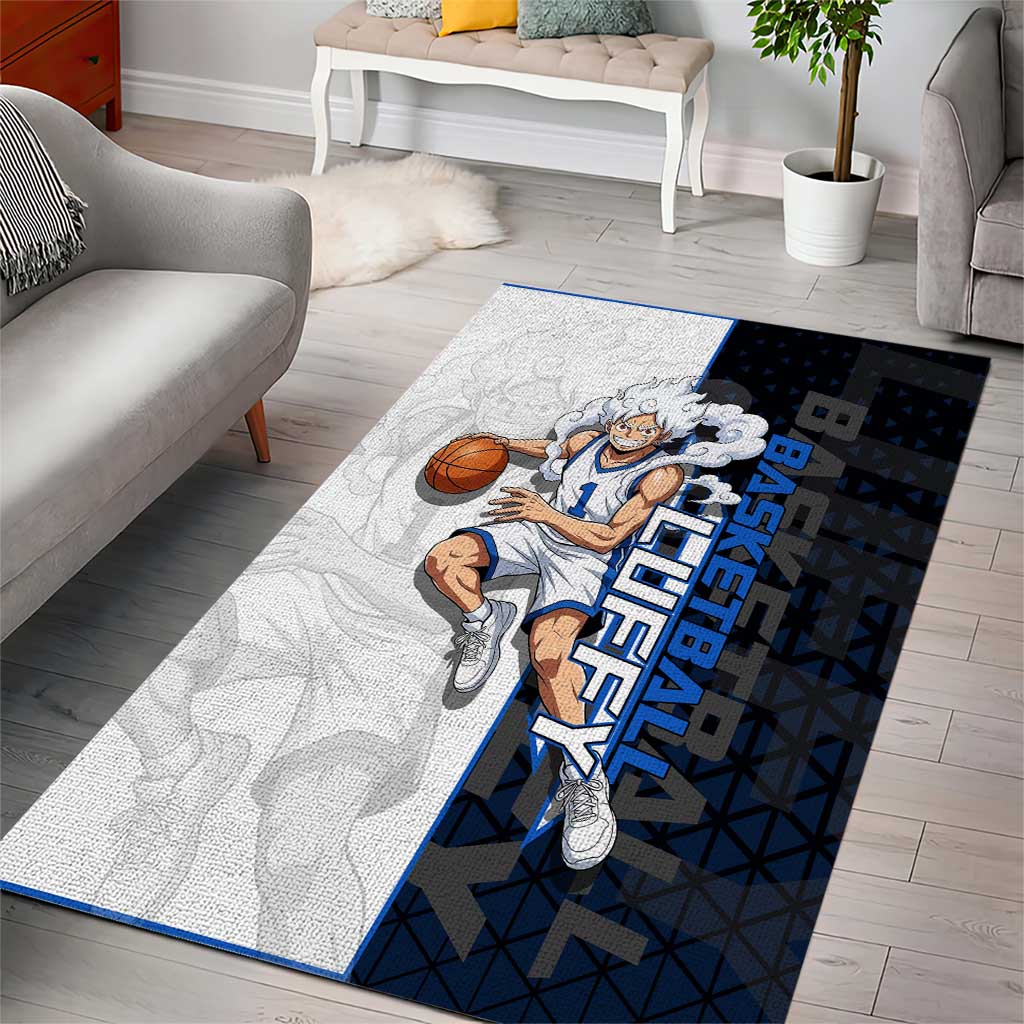 Luffy Gear 5 One Piece Basketball Theme White and Black Design Area Rug with Straw Hat Emblem and Dynamic Action Pose - The Mazicc