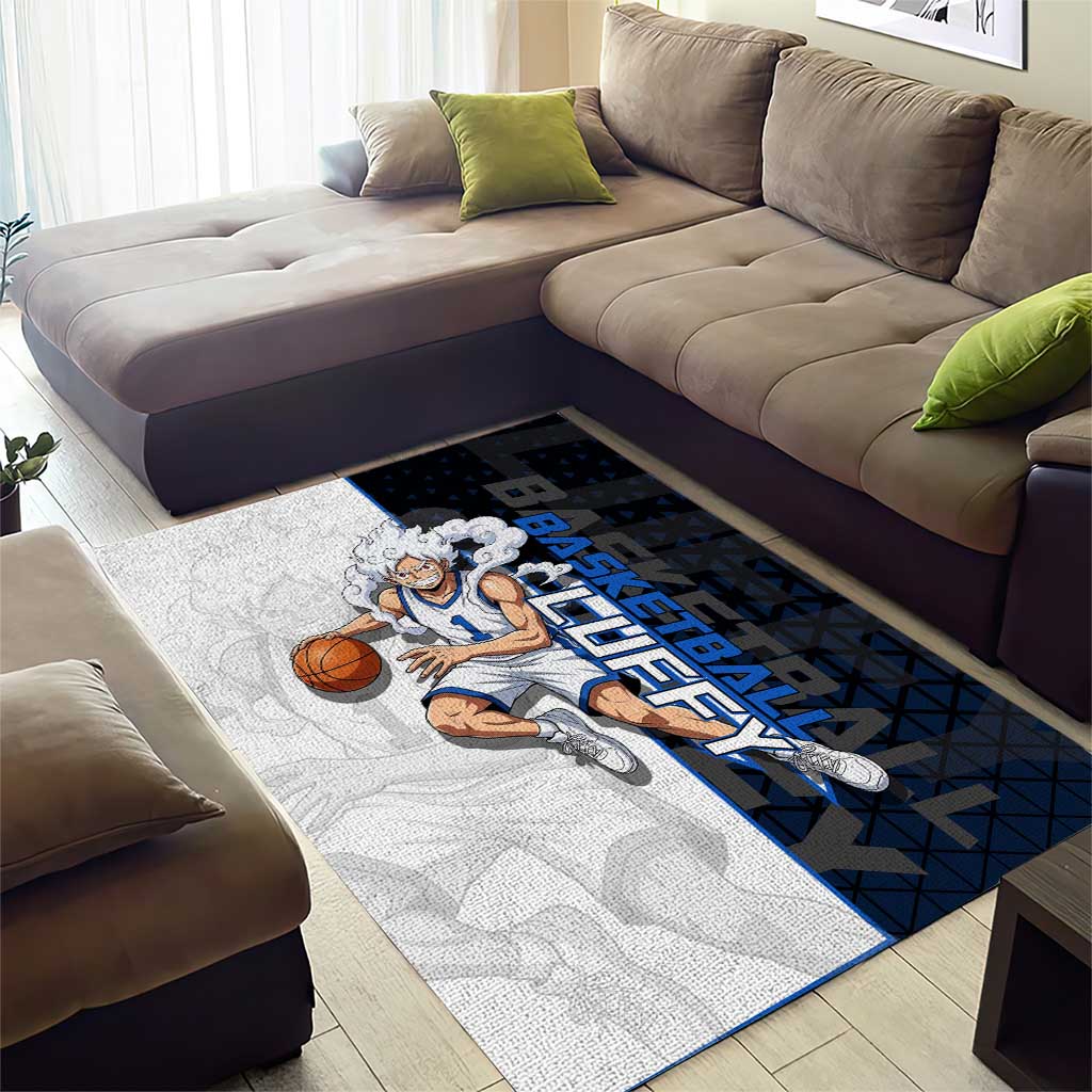 Luffy Gear 5 One Piece Basketball Theme White and Black Design Area Rug with Straw Hat Emblem and Dynamic Action Pose - The Mazicc