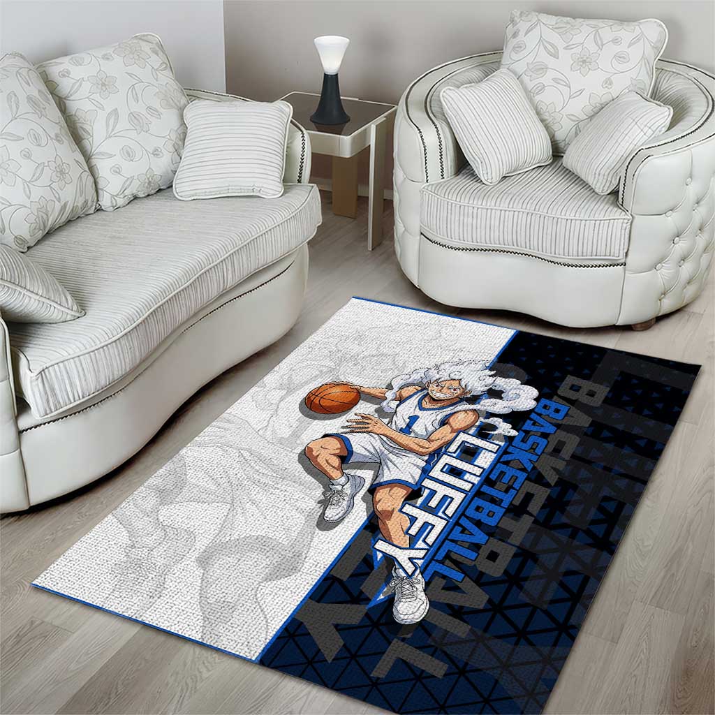 Luffy Gear 5 One Piece Basketball Theme White and Black Design Area Rug with Straw Hat Emblem and Dynamic Action Pose - The Mazicc