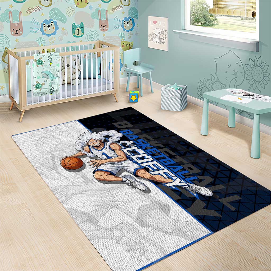 Luffy Gear 5 One Piece Basketball Theme White and Black Design Area Rug with Straw Hat Emblem and Dynamic Action Pose - The Mazicc