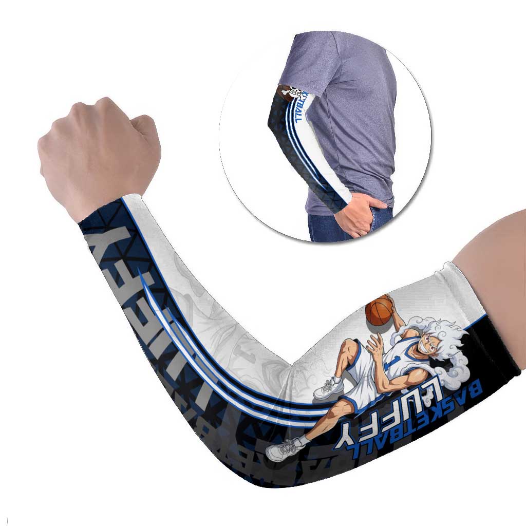 Luffy Gear 5 One Piece Basketball Theme White and Black Design Arm Sleeves with Straw Hat Emblem and Dynamic Action Pose - The Mazicc