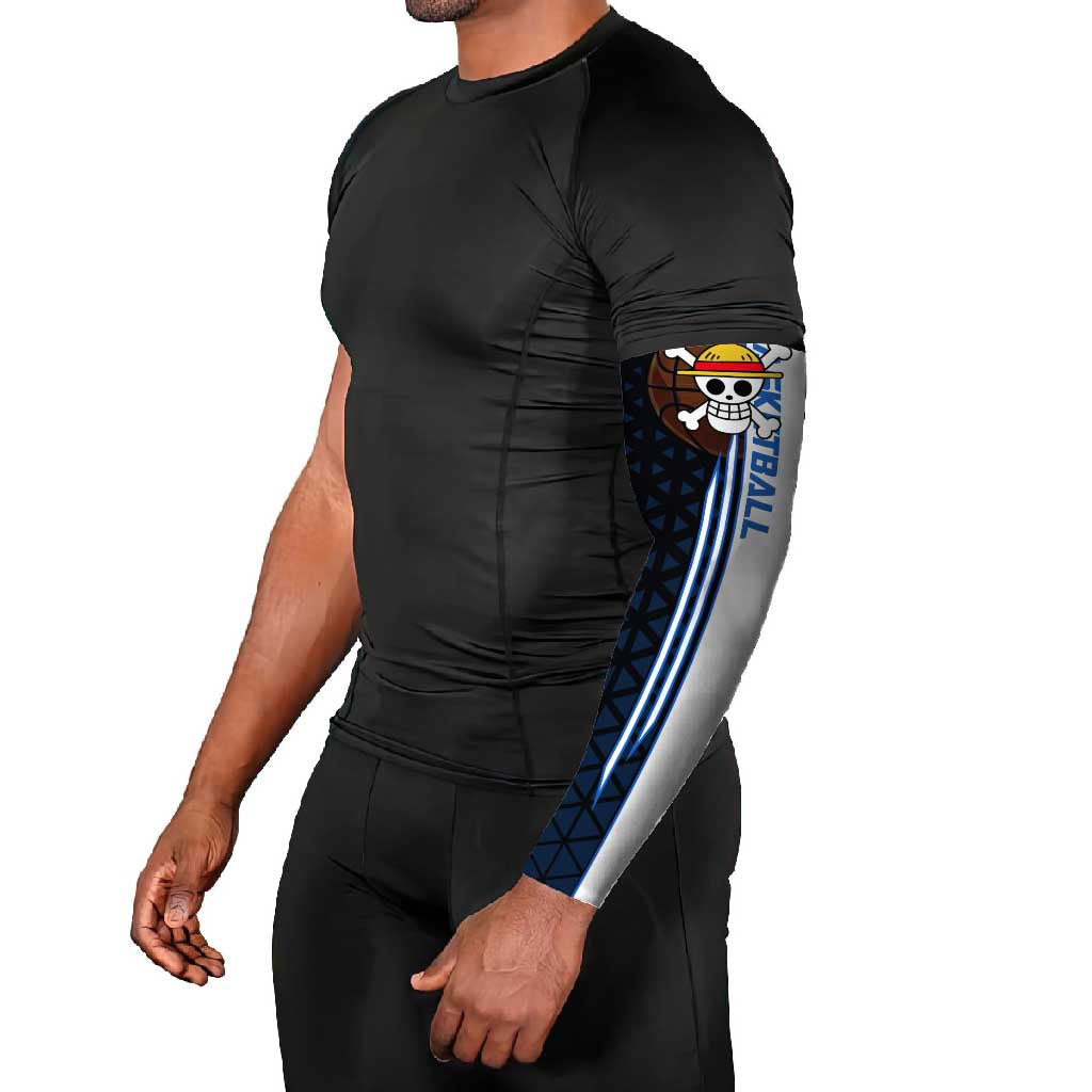 Luffy Gear 5 One Piece Basketball Theme White and Black Design Arm Sleeves with Straw Hat Emblem and Dynamic Action Pose - The Mazicc