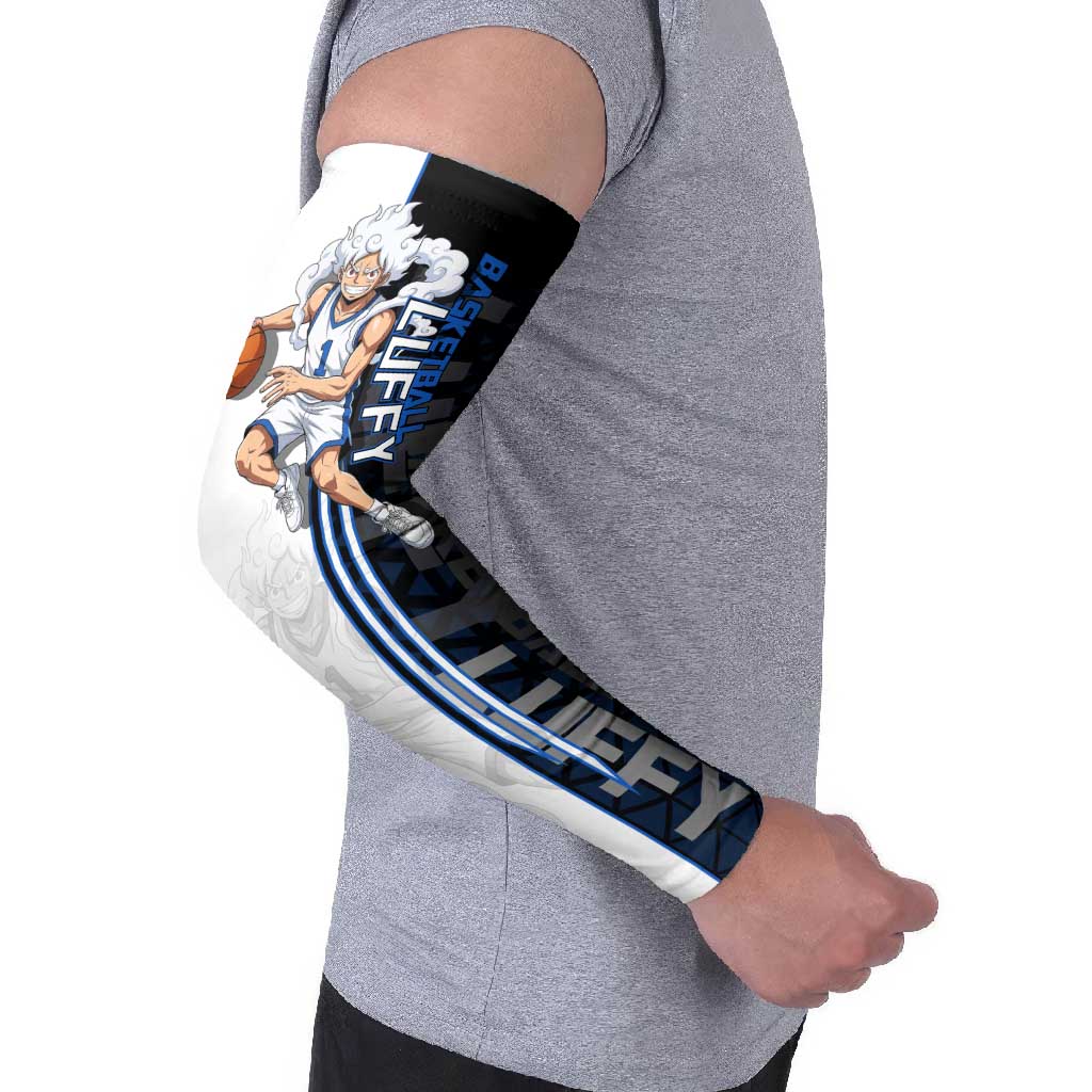 Luffy Gear 5 One Piece Basketball Theme White and Black Design Arm Sleeves with Straw Hat Emblem and Dynamic Action Pose - The Mazicc