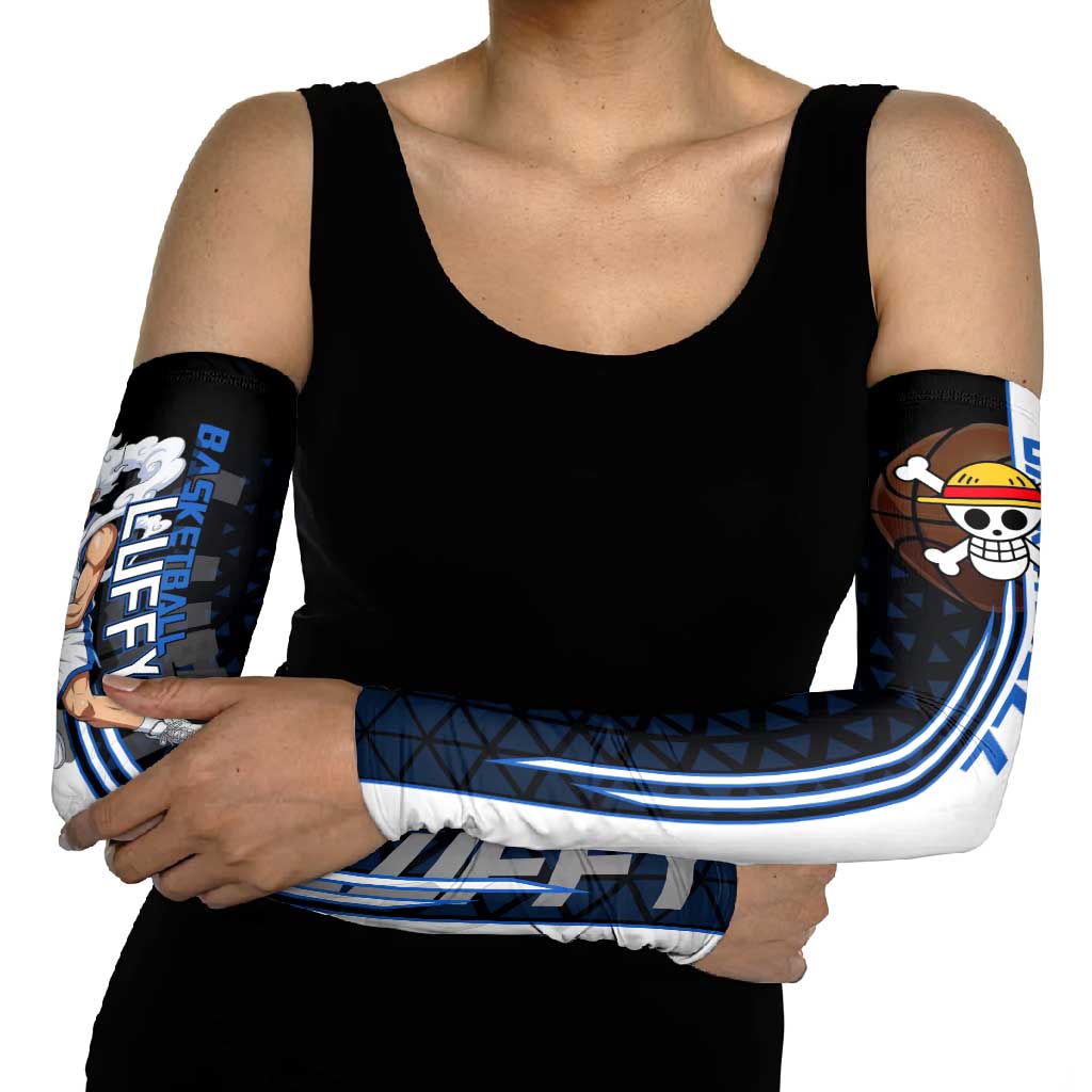 Luffy Gear 5 One Piece Basketball Theme White and Black Design Arm Sleeves with Straw Hat Emblem and Dynamic Action Pose - The Mazicc