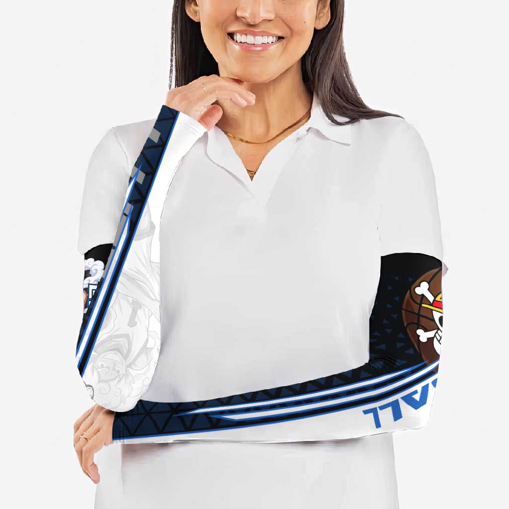 Luffy Gear 5 One Piece Basketball Theme White and Black Design Arm Sleeves with Straw Hat Emblem and Dynamic Action Pose - The Mazicc