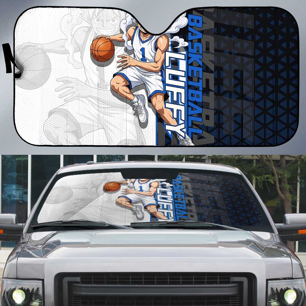 Luffy Gear 5 One Piece Basketball Theme White and Black Design Auto Sun Shade with Straw Hat Emblem and Dynamic Action Pose - The Mazicc