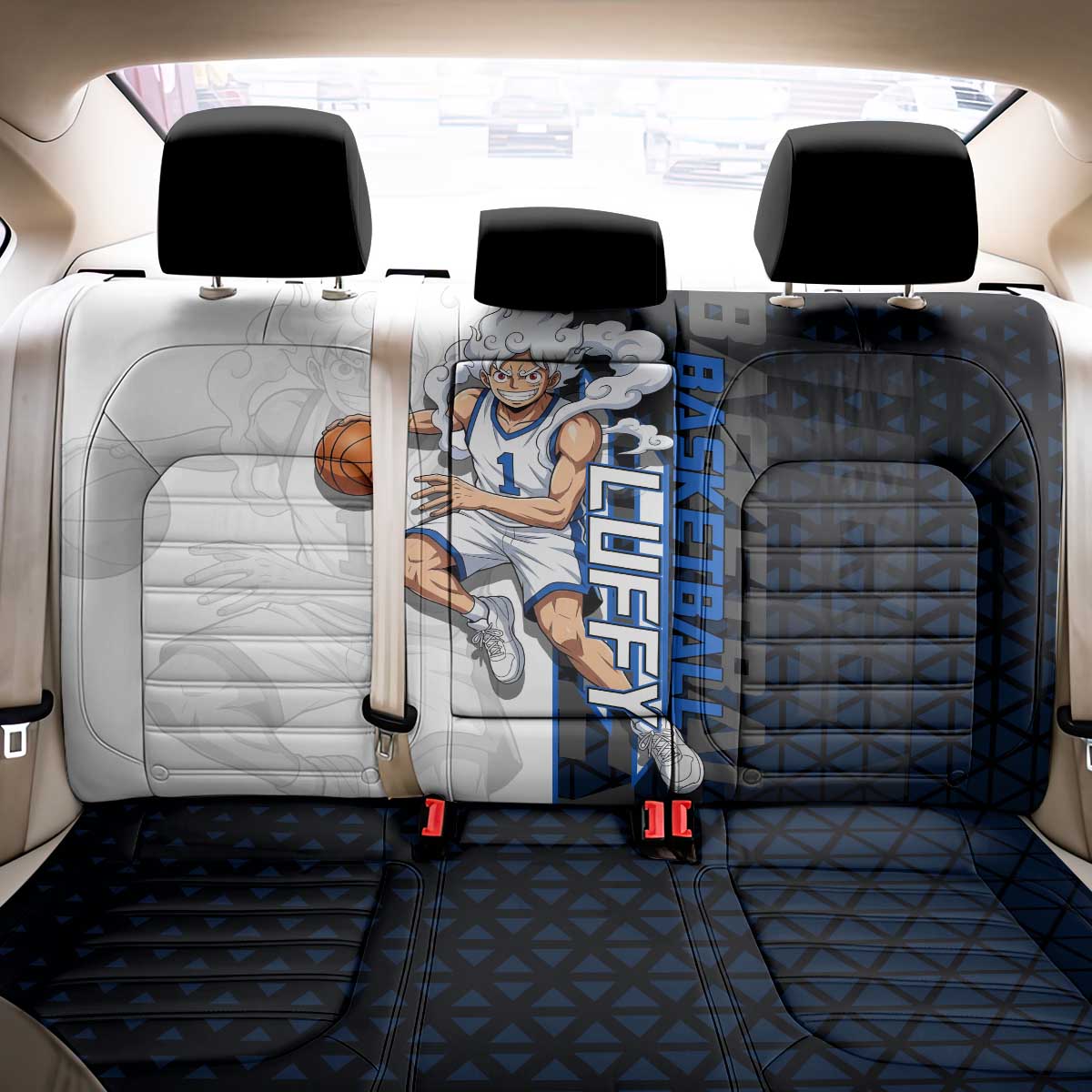 Luffy Gear 5 One Piece Basketball Theme White and Black Design Back Car Seat Cover with Straw Hat Emblem and Dynamic Action Pose - The Mazicc