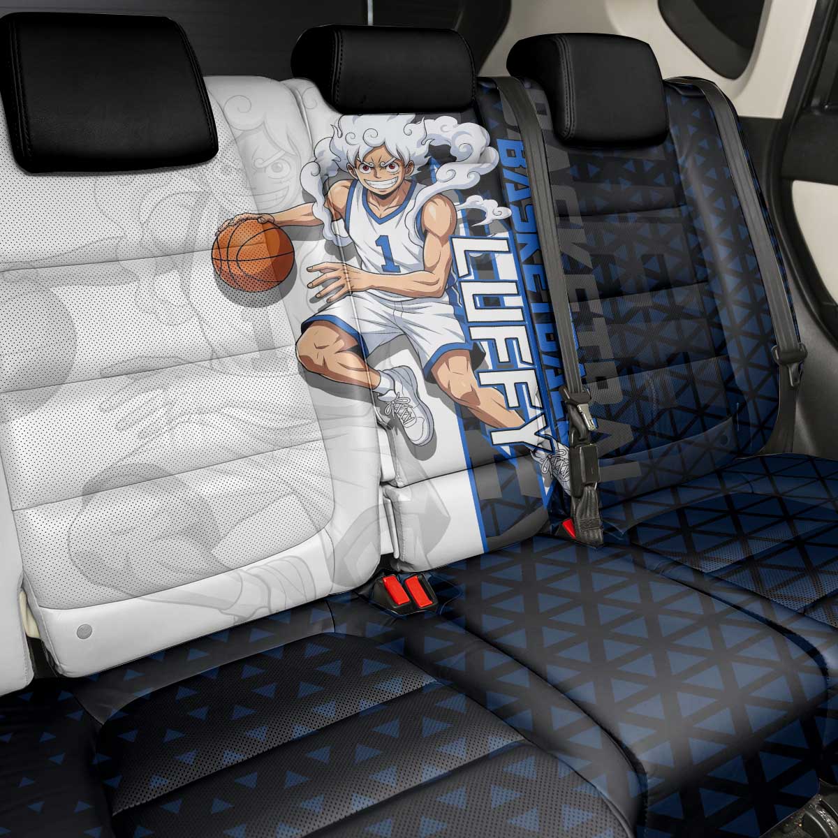 Luffy Gear 5 One Piece Basketball Theme White and Black Design Back Car Seat Cover with Straw Hat Emblem and Dynamic Action Pose - The Mazicc